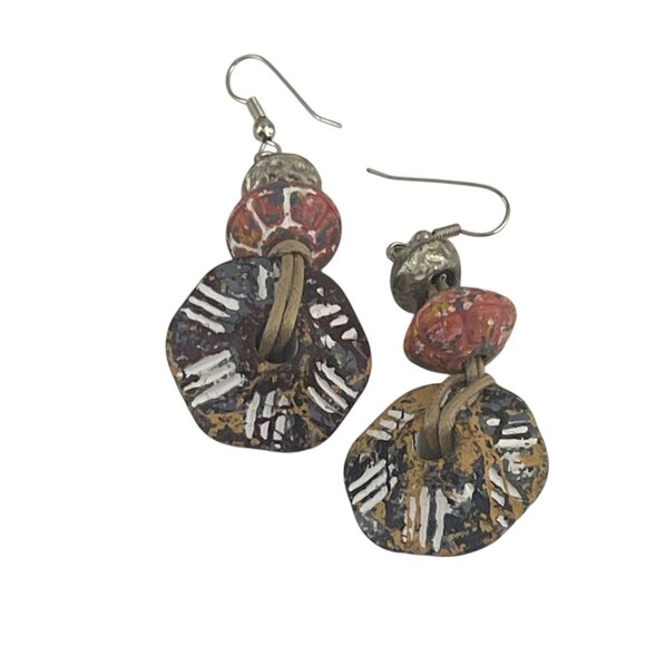 Handcrafted Tribal-Inspired Dangle Earrings Painted Ceramic Beads & Leather Boho - Picture 1 of 5
